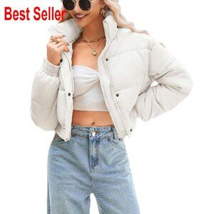 Cropped Puffer Jacket Lightweight Quilted Stand Collar Zipper Winter Coat